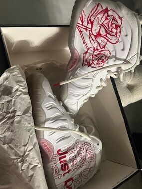 White Sneakers with Red Rose & 'Just Do It' Graphic